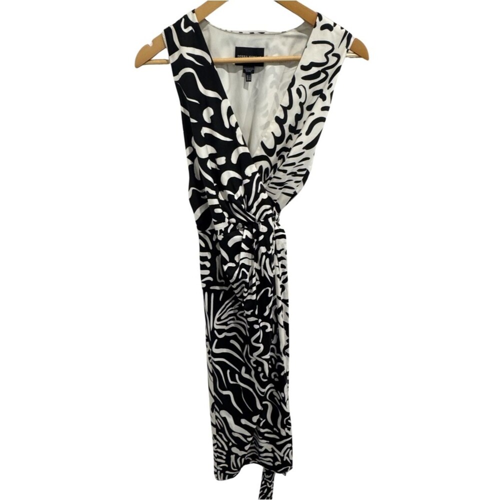 Donna Morgan NWT Black Ivory Abstract Faux Wrap Tie Waist Midi Dress 6 Party